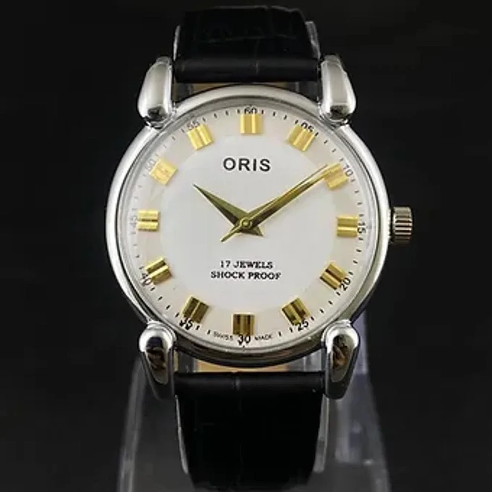 Vintage 1973 Oris Manual Mens Silver Watch W/Leather Strap & Gold accents